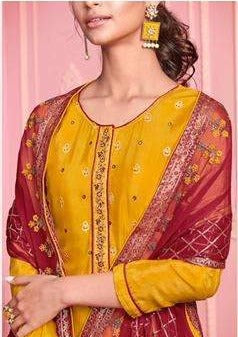 Mustard & Red Georgette Sequence Heavy Embroidered Pant Suit