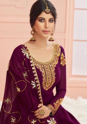 Purple Pure Georgette embroidered Pant Suit