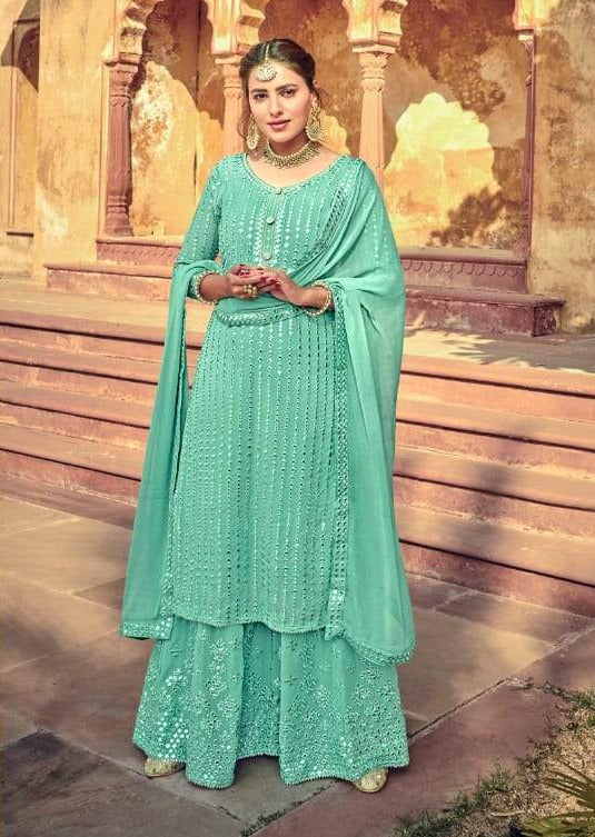 Sea Green Heavy Georgette Full Embroidered Gharara Suit
