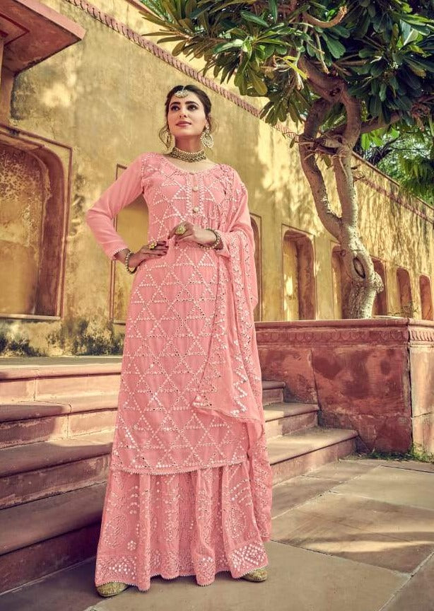 Pink Heavy Georgette Full Embroidered Gharara Suit