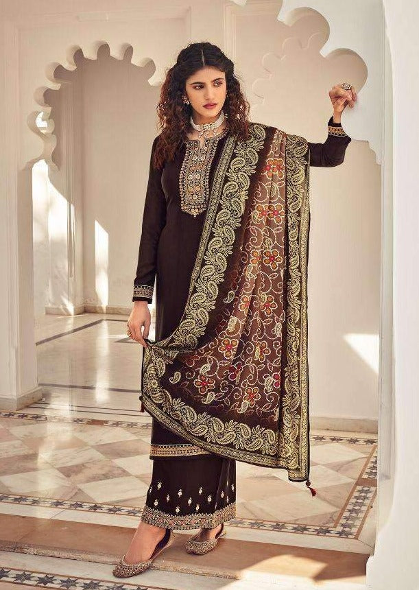 Brown Heavy Chinon Digital Print Embroidered Palazzo Suit
