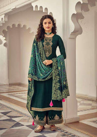 Dark Green Heavy Embroidered Digital Print Palazzo Suit