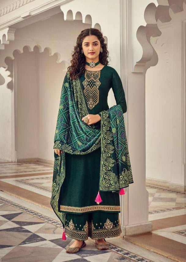 Dark Green Heavy Embroidered Digital Print Palazzo Suit