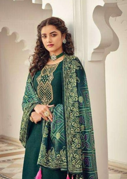 Dark Green Heavy Embroidered Digital Print Palazzo Suit