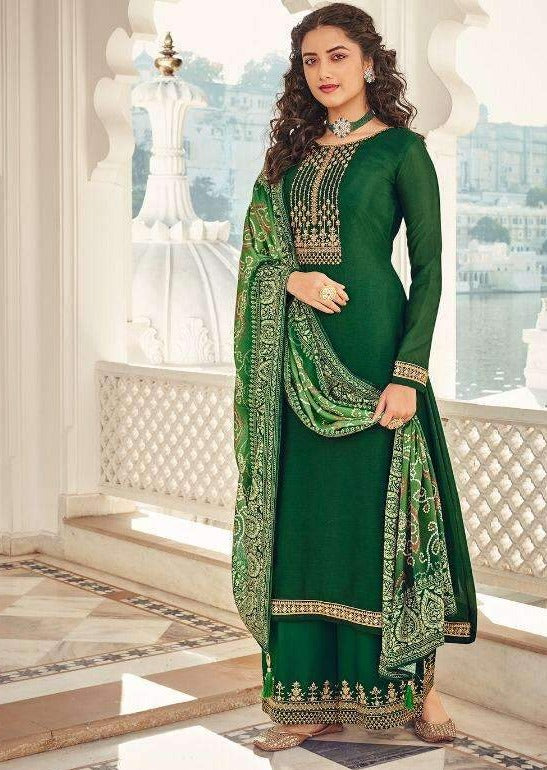 Emerald Heavy Chinon Embroidered Digital Print Palazzo Suit