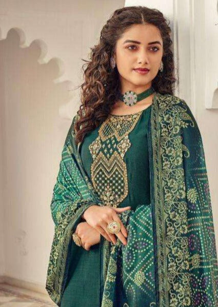 Dark Green Heavy Embroidered Digital Print Palazzo Suit