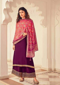 Purple & Peach Heavy Chinon Embroidered Digital Print Palazzo Suit