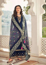Navy Blue & Grey Heavy Chinon Embroidered Digital Print Palazzo Suit