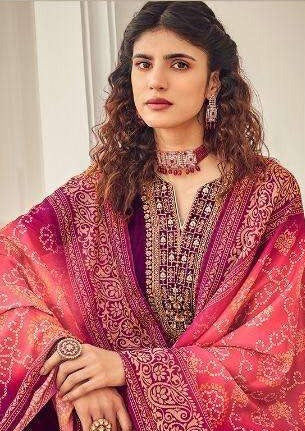 Purple & Peach Heavy Chinon Embroidered Digital Print Palazzo Suit