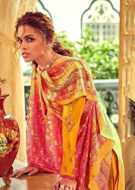 Mustard Satin Georgette Embroidered Diamond Churidar Suit