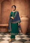 Green & Navy Blue Satin Muslin Embroidered Pant Suit