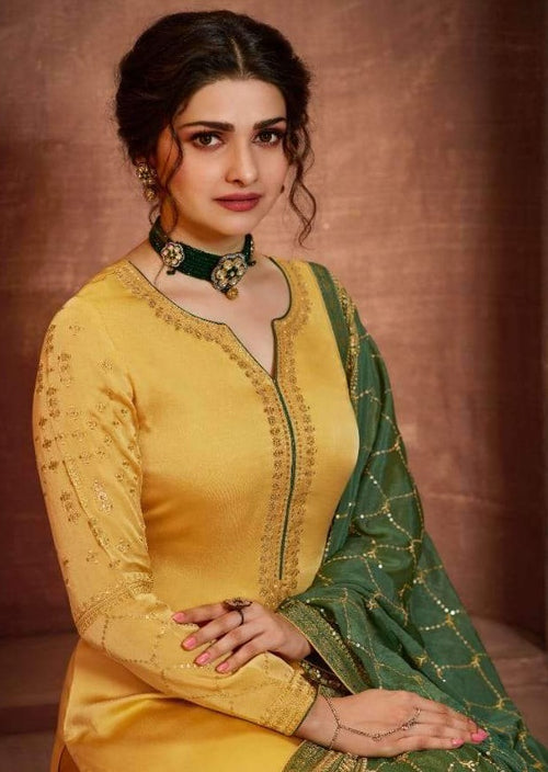 Yellow & Green Satin Muslin Sequence Embroidered Pant Suit
