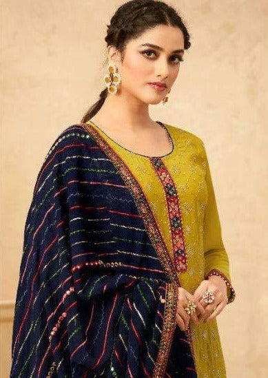 Mustard & Dark Blue Georgette Heavy Embroidered Pant Suit