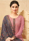 Salmon Pink & Grey Georgette Full Embroidered Pant Suit