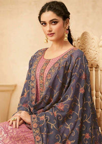 Salmon Pink & Grey Georgette Full Embroidered Pant Suit