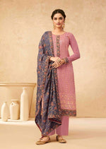 Salmon Pink & Grey Georgette Full Embroidered Pant Suit