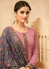 Salmon Pink & Grey Georgette Full Embroidered Pant Suit
