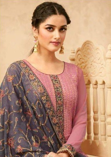 Salmon Pink & Grey Georgette Full Embroidered Pant Suit