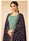 Sea Green & Dark Blue Georgette Full Embroidered Pant Suit