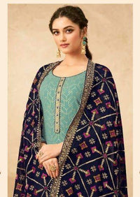 Sea Green & Dark Blue Georgette Full Embroidered Pant Suit