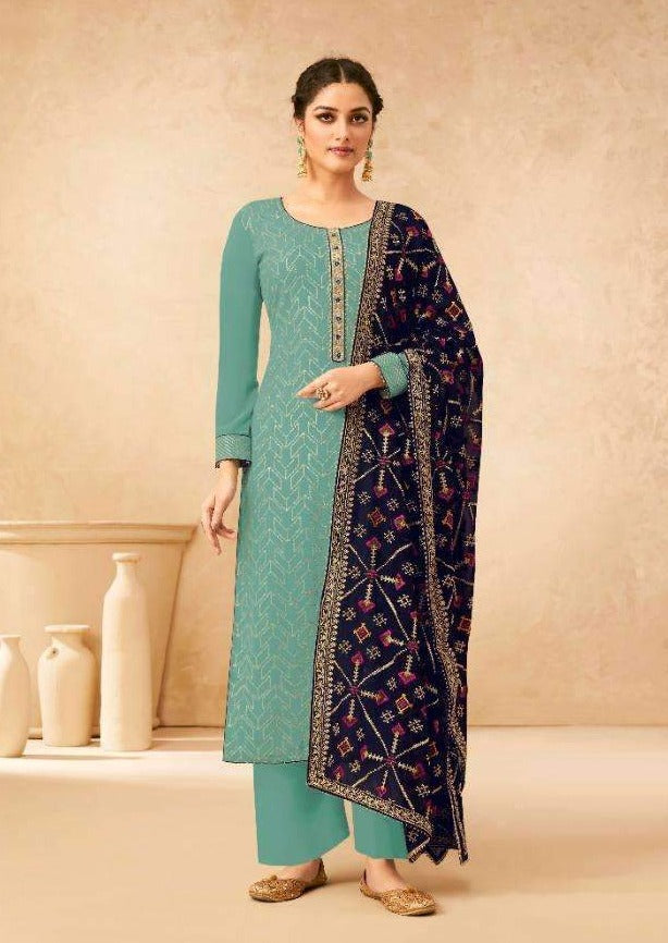 Sea Green & Dark Blue Georgette Full Embroidered Pant Suit