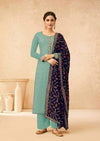 Sea Green & Dark Blue Georgette Full Embroidered Pant Suit