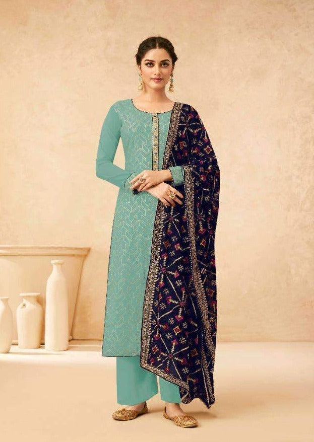 Sea Green & Dark Blue Georgette Full Embroidered Pant Suit