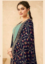 Sea Green & Dark Blue Georgette Full Embroidered Pant Suit