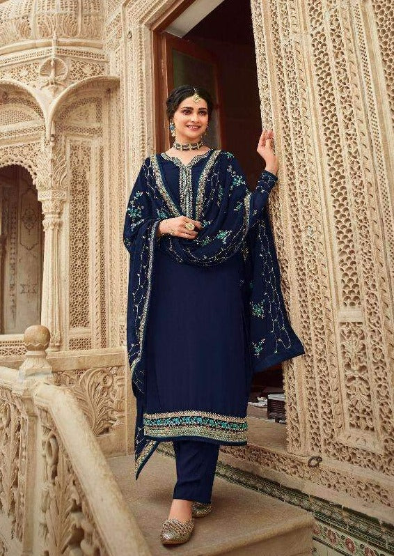 Navy Blue Heavy Georgette Embroidered Pant Suit
