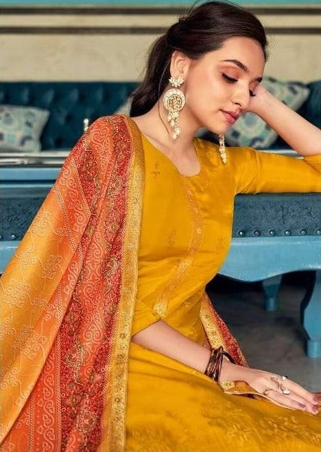 Mustard & Red Pure Viscose Upada Jacquard Lace Embroidered Pant Suit