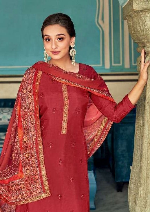 Maroon Pure Viscose Upada Jacquard Lace Embroidered Pant Suit