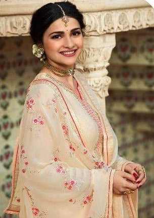 Cream Beige Heavy Georgette Embroidered Pant Suit