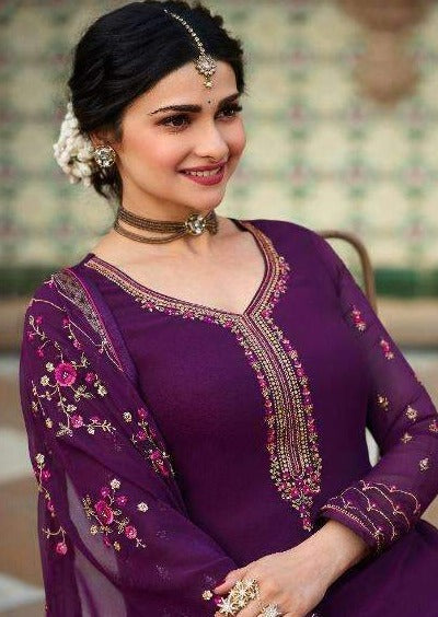 Purple Heavy Georgette Embroidered Pant Suit