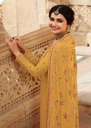 Mustard Heavy Georgette Embroidered Pant Suit