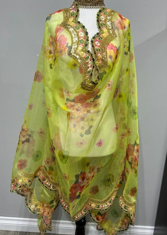 Lime Floral Embroidered Organza Printed Dupatta