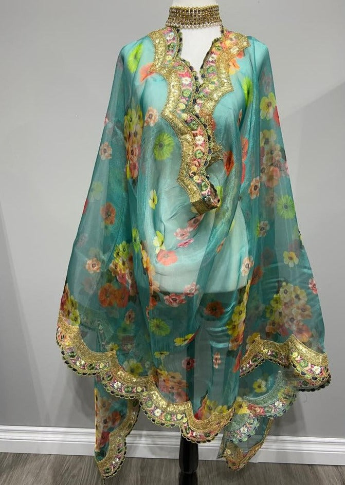 Teal Blue Floral Embroidered Organza Printed Dupatta