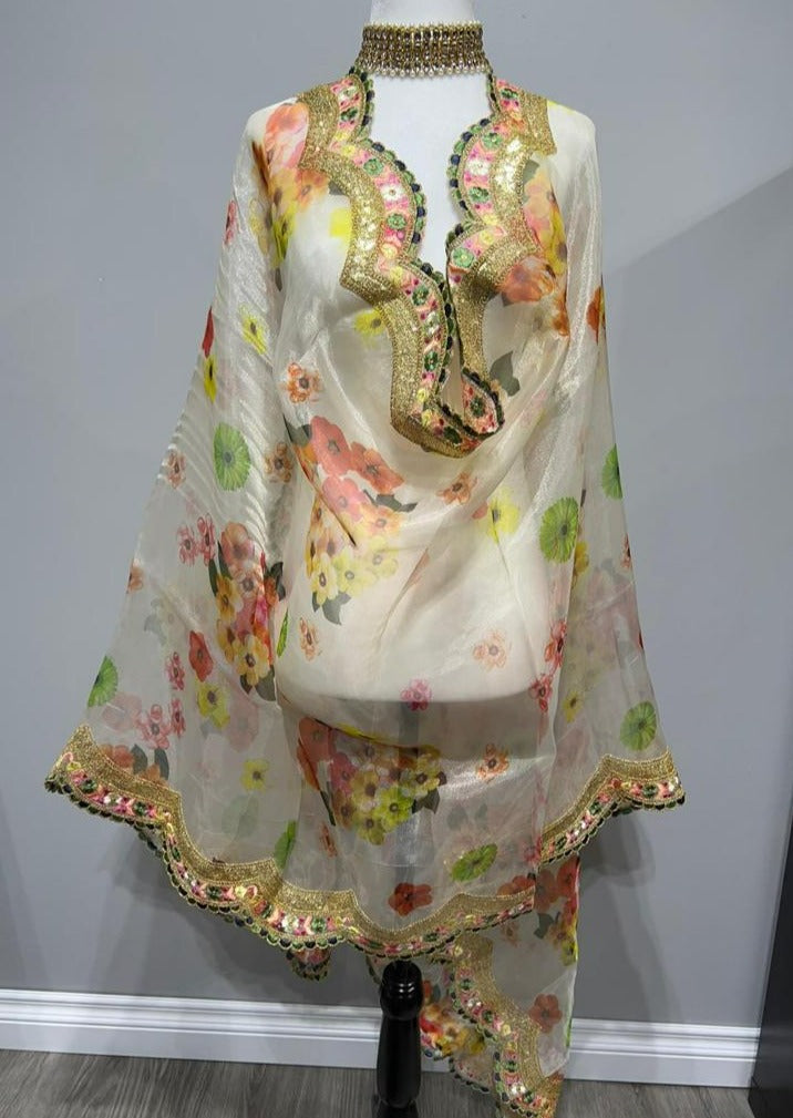 Pearl White Floral Embroidered Organza Printed Dupatta