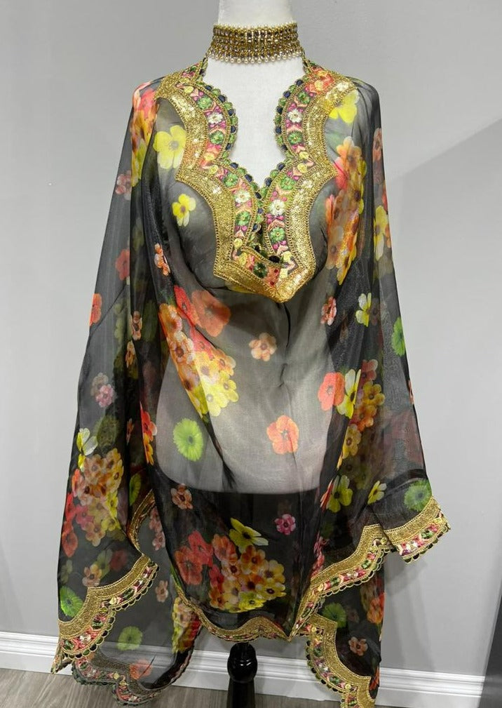 Black Floral Printed Embroidered Organza Dupatta