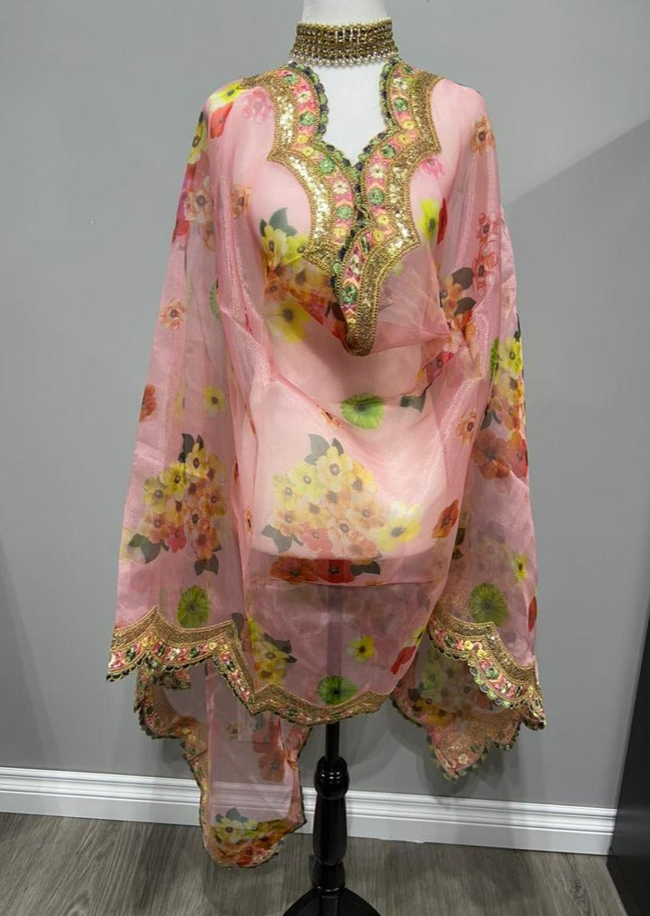 Pale Pink Floral Embroidered Organza Printed Dupatta