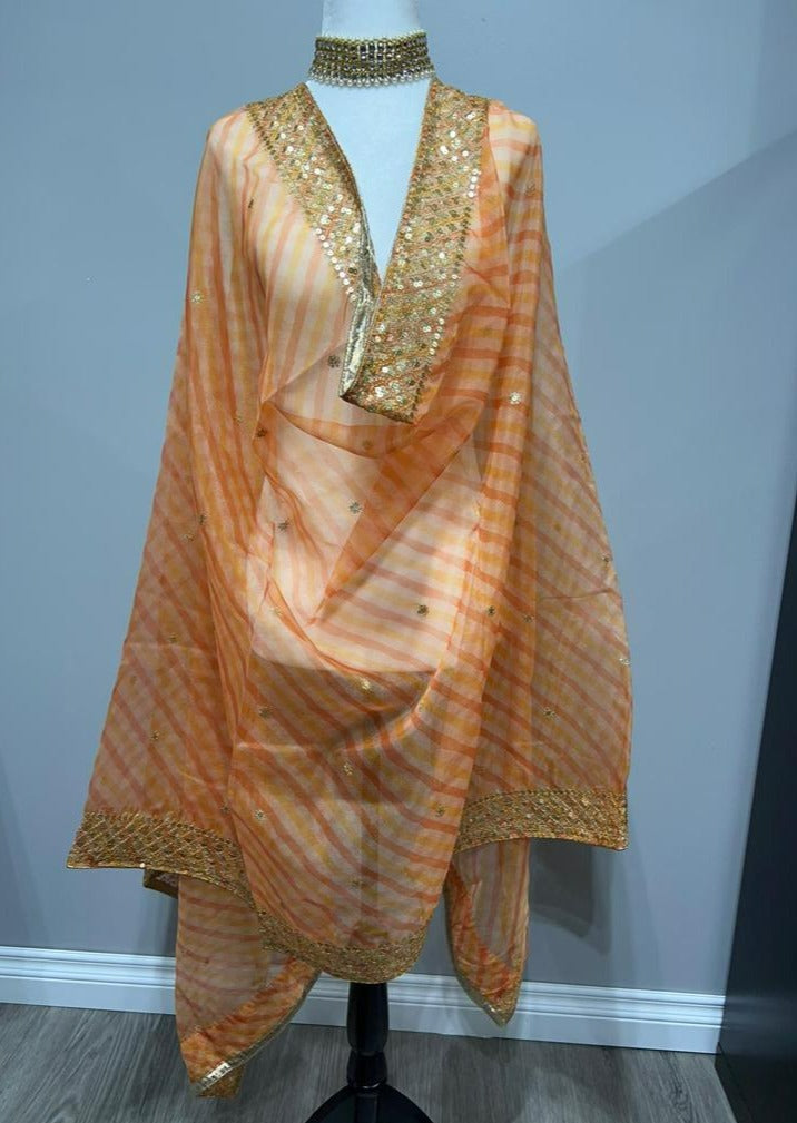 Light Orange Criss Cross Embroidered Organza Printed Dupatta