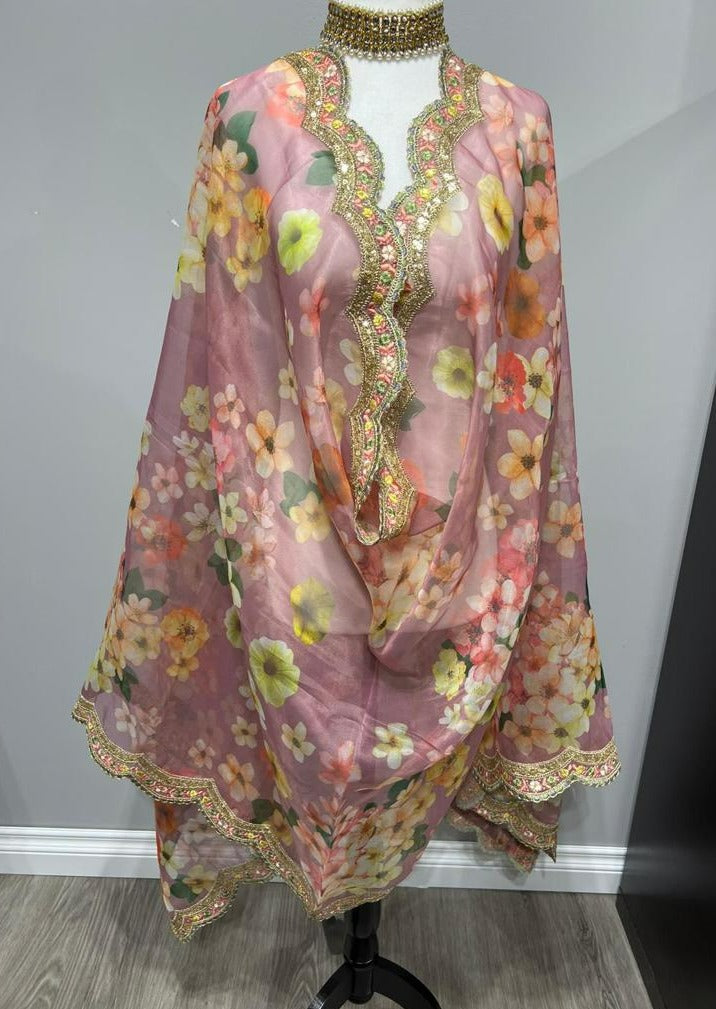 Salmon Pink Floral Embroidered Organza Printed Dupatta