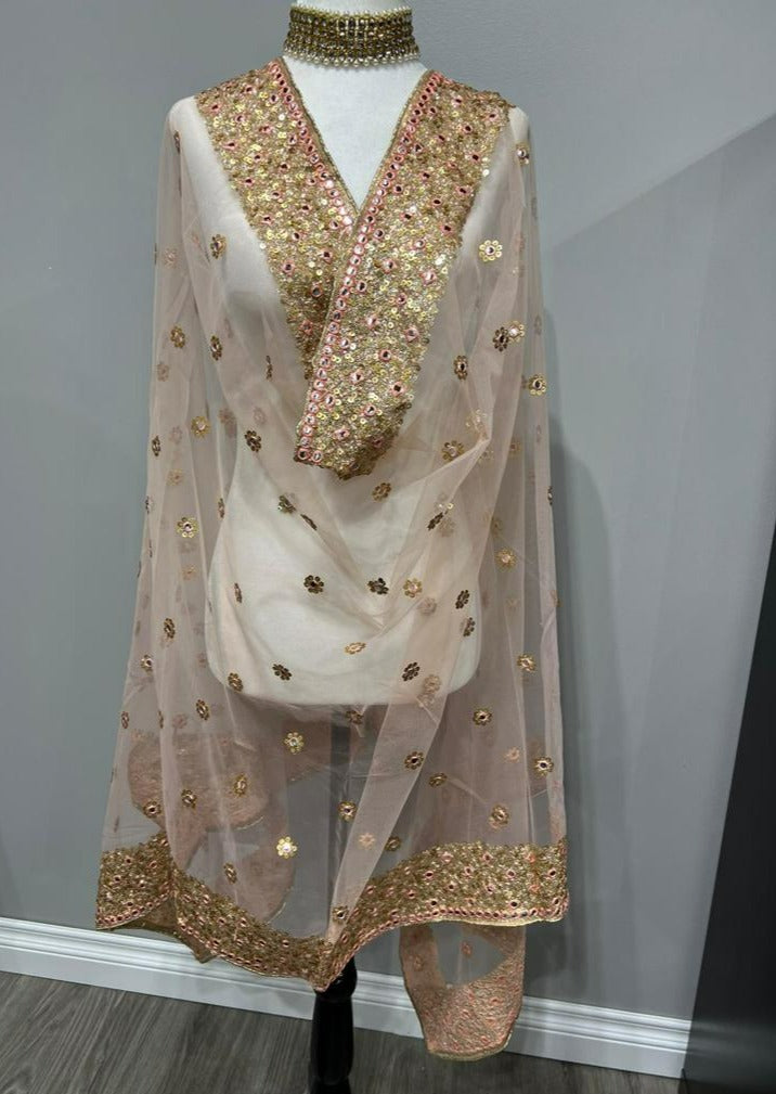 Peach Embroidered With Butti Soft Net Dupatta