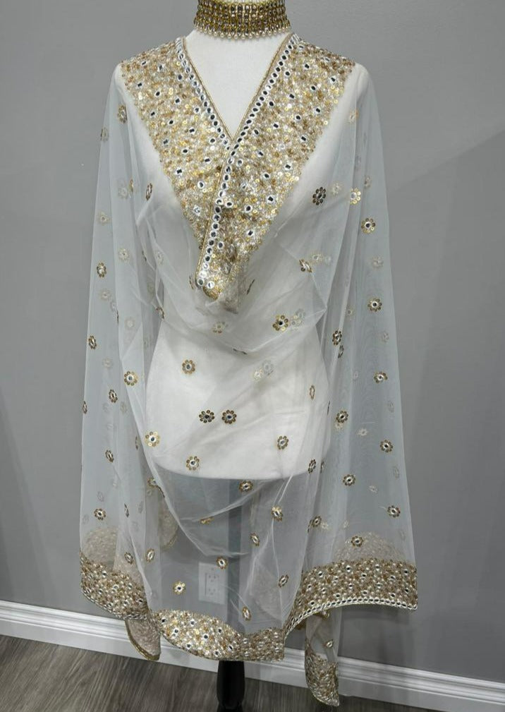 White Embroidered With Butti Soft Net Dupatta