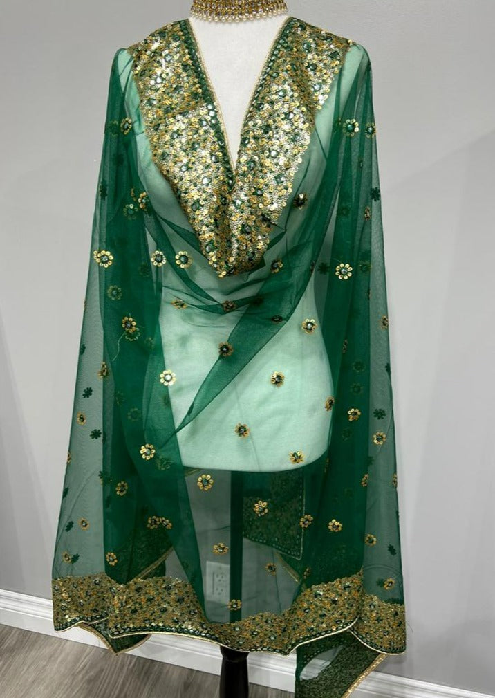 Dark Green Embroidered With Butti Soft Net Dupatta