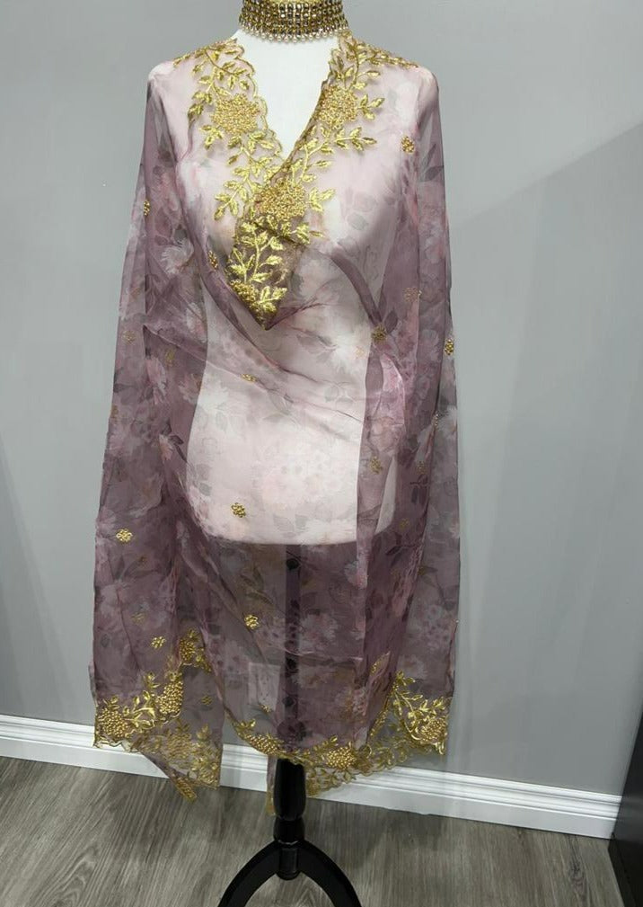Light Purple Floral Embroidered Organza Printed Dupatta