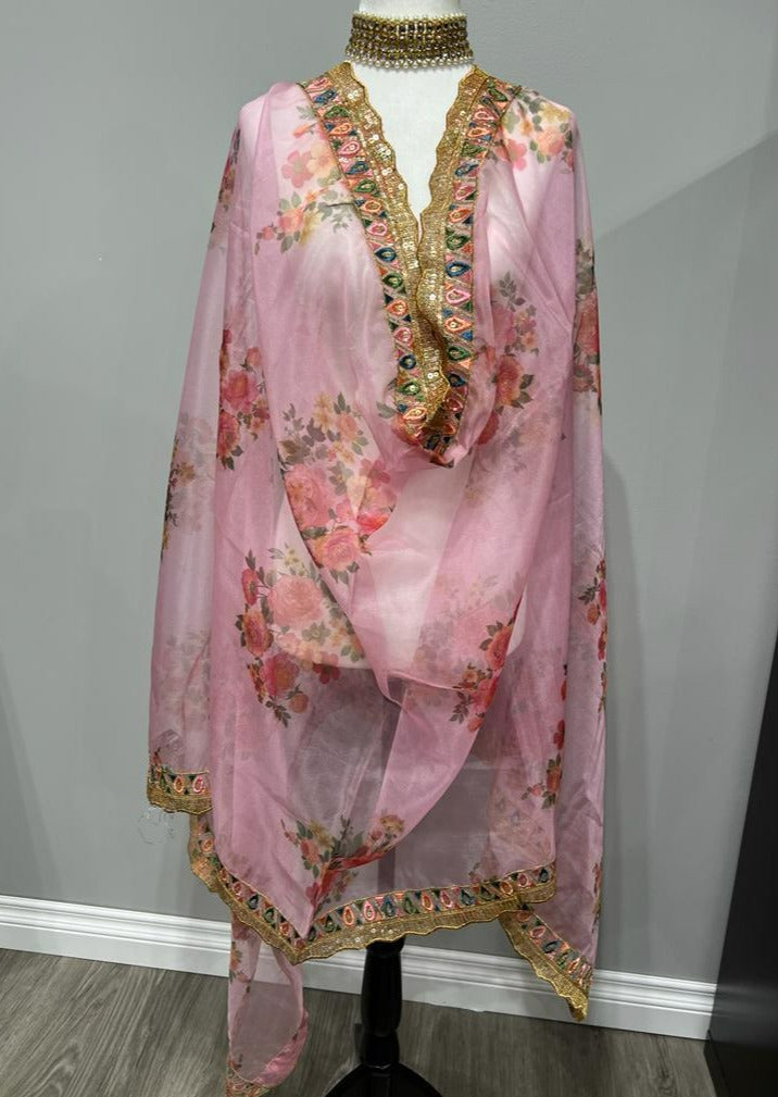 Pale Pink Floral Embroidered Organza Printed Dupatta