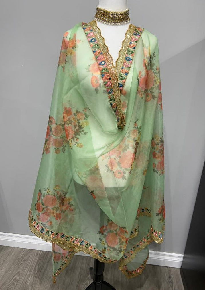 Mint Green Floral Embroidered Organza Printed Dupatta