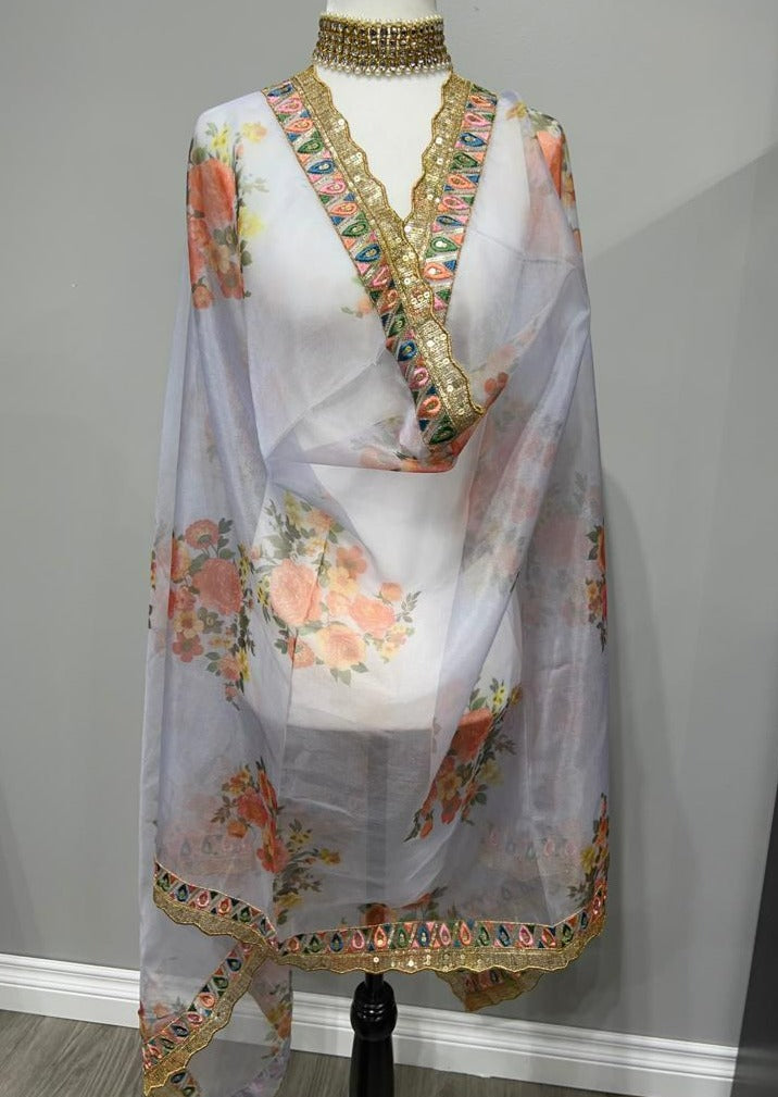 Lily Floral Embroidered Organza Printed Dupatta