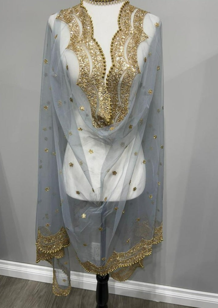 Grey Embroidered With Butti Soft Net Dupatta