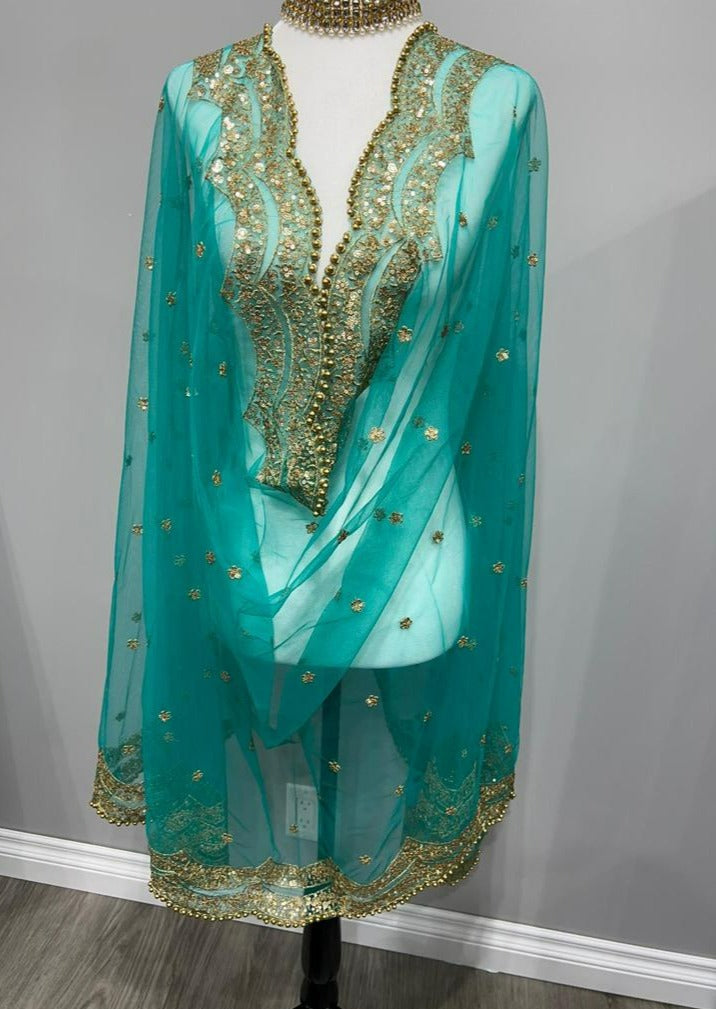 Teal Blue Embroidered With Butti Soft Net Dupatta